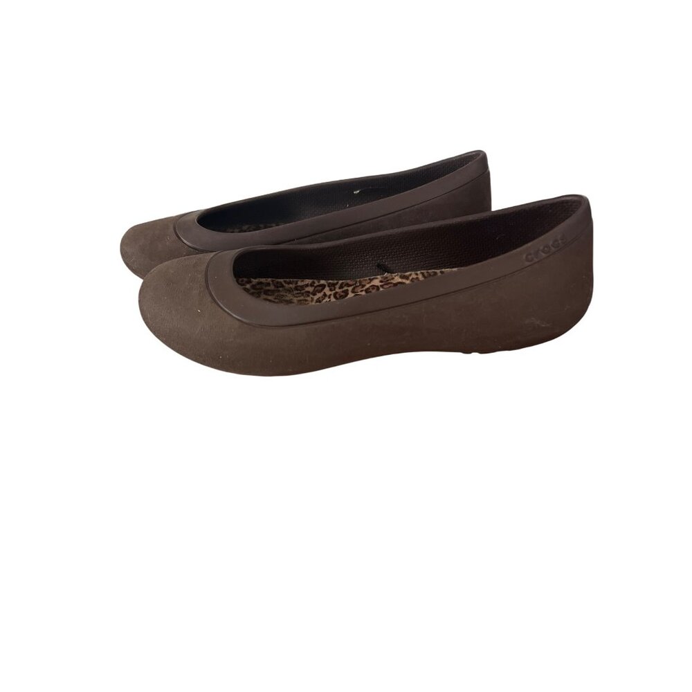 Brown Crocs Slip-On Comfort Ballet Flats Shoes Faux Suede Leopard Print Insole